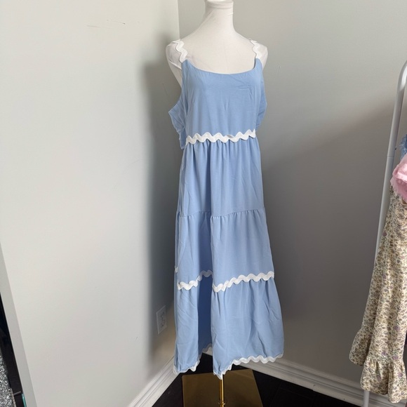 NWT Blue Tiered Midi Dress | Scallop Trim Sundress Cottagecore Brunch Style XL - Picture 4 of 9